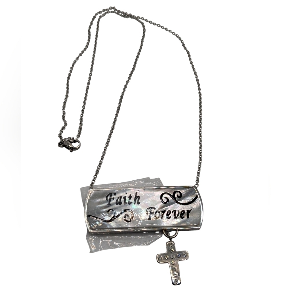White Austrian & Mother of Pearl, Stainless Steel Faith Forever 20" Necklace
